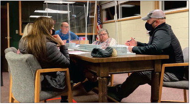 The Boyd Village Board and Clerk talked police matters with Stanley Chief Weiland. From left are: Gwen Krizan, Sarah McQuillan, Bob Geist, Sandi Isaacs, and Lance Weiland.Photo by Joseph Back.