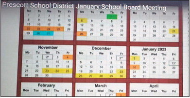 The Prescott School Board approved the 2022-23 school year calendar at the Jan. 12 board meeting. The calendar shows a start date of Sept. 1, with added professional development days and a week-long Spring Break. Calendar courtesy of Prescott School District