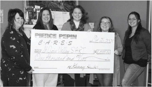 St. Croix Valley SART was awarded $1,000 for general administration. PPCS employee/Pierce Pepin Cares board member Barb Bee (center) is pictured with SART employees (from left) Wendy Dernovsek, Melissa Vesperman, Annelise Hughes, and Melanie Carey. Photo courtesy of PPCS