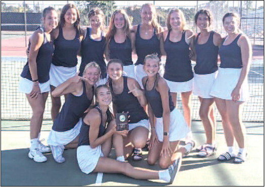 The 2021 River Falls High School tennis team celebrates with a first-place trophy after winning the Wisconsin Rapids Tennis Tournament on Sept. 18. Photo courtesy of River Falls High School tennis