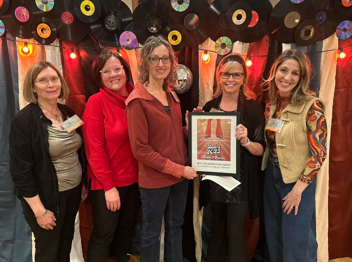 The Best Non-Profit Organization award went to Ellsworth Public Library. Pictured are (from left) Friends of the Ellsworth Library member Sharon Schulze, Village Board Trustee and Library Board liaison Mindy Anderson, Library Director Tiffany Meyer, Chamber Board Director Julie Winger and Becky Beissel, Chamber executive team member.
