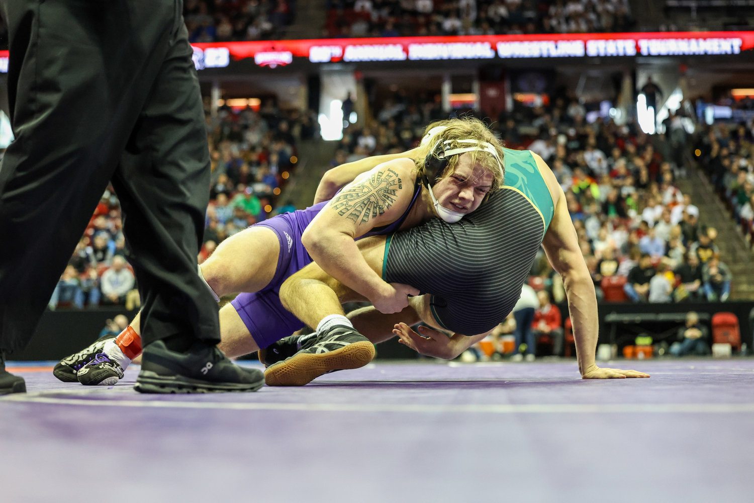 2-24-23 Ellsworth's Louis Jahnke finishes a shot against Freedom's Jack Van Rossum in a 170 pound quarterfinal match Friday morning at the WIAA state wrestling tournament. Jahnke finished fourth overall at 170...Nate Beier/GX3 Media