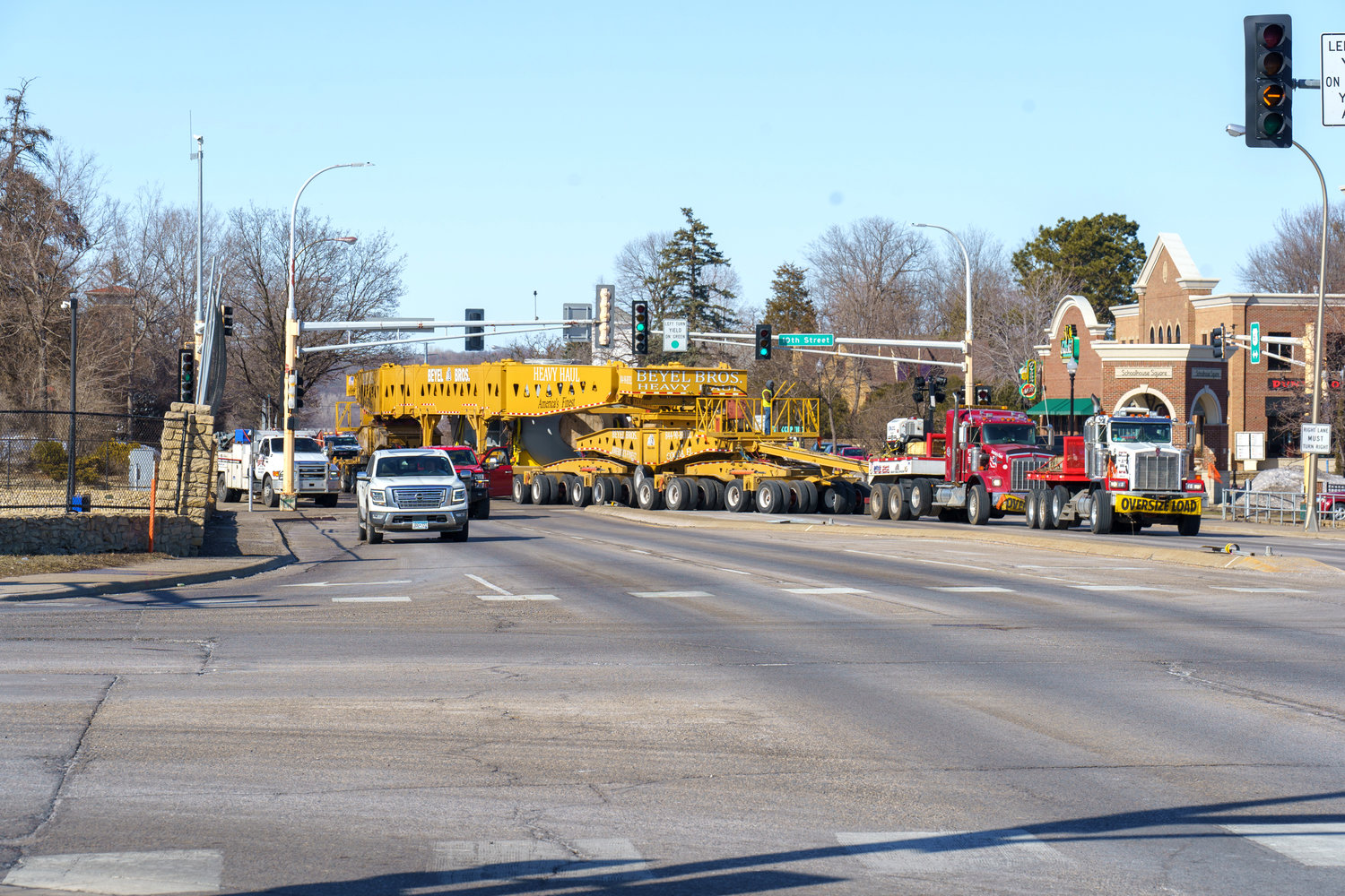 The 350 foot long, 22 foot wide truck needed to use the wrong side of Highway 61 to make the turn onto the wrong side of Highway 55 because of its sheer size.