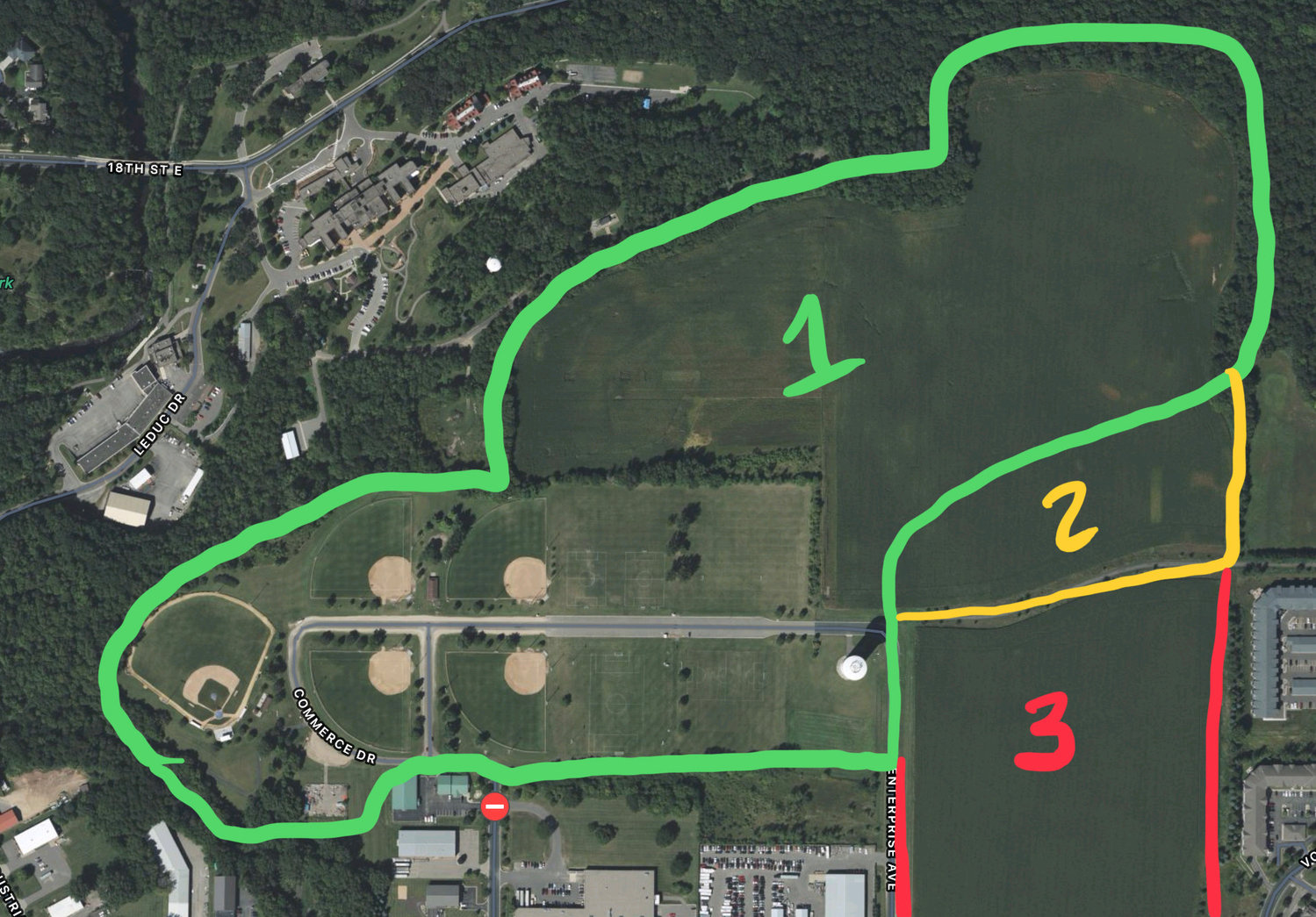 The graphic roughly shows three areas. Area 1 is the current space owned by the City of Hastings and zoned as park space. Area 2 was recently rezoned from park space to Commercial / Industrial but that can be zoned back to park space. Area 3 is currently owned by HEDRA and is not currently available as park space.