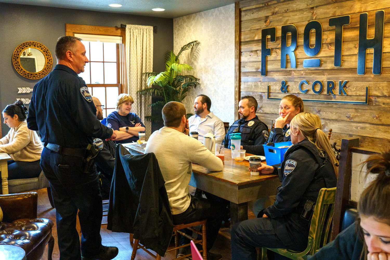 The second floor of Froth and Cork was packed for Coffee with a Cop Day in Hastings. Residents had the opportunity to hang with the officers from Hastings Police Department for simple conversation and their favorite morning beverage.