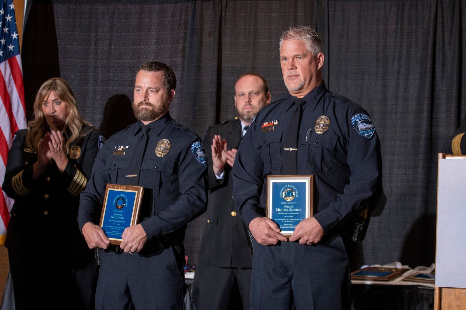 Hastings Police Department Officer Michael Schmitz and Officer Nate Wood were recognized with Meritorious Service Awards at the Minnesota Chiefs of Police Conference.