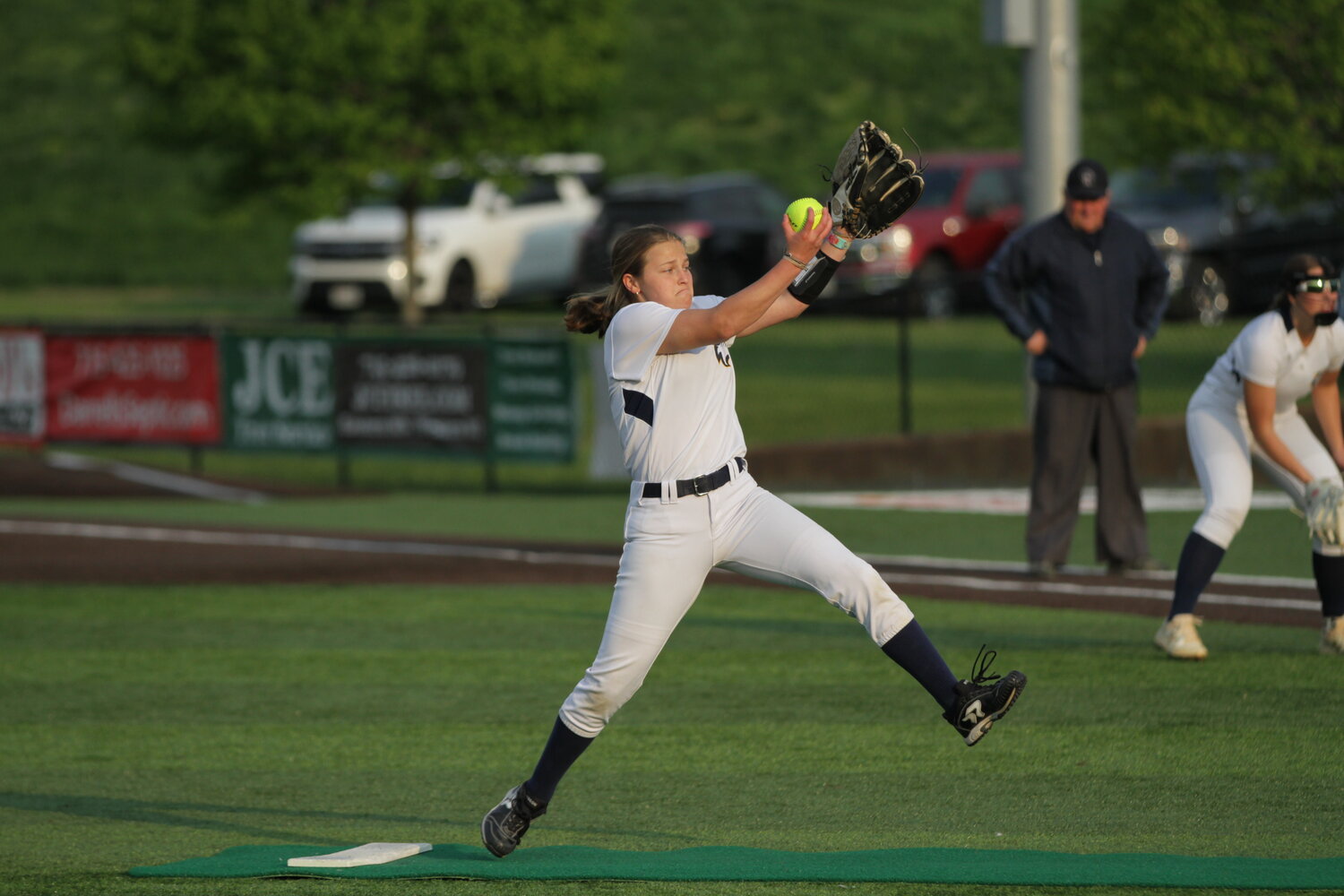 River Falls senior pitcher Ali Laube delivers one of her 86 pitches during the 9-0 victory against Saint Croix Falls at home on senior night. Laube pitched a four-hit complete-game shutout and struck out four opposing batters.