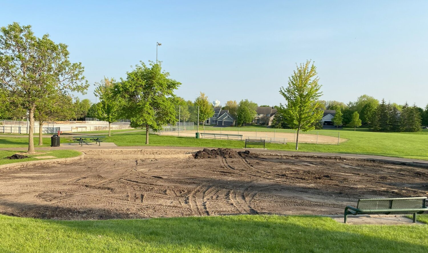 The cleared playground area at Peter Thompson Park awaiting new equipment installation. Photo by Dan Solovitz