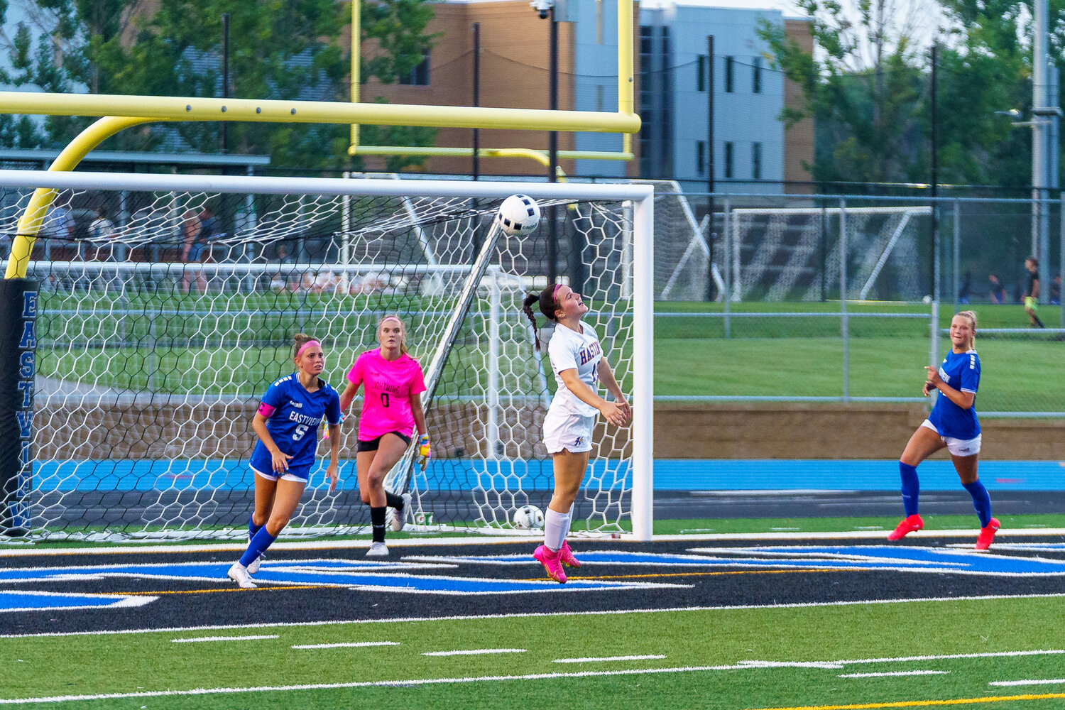 Brie Balster makes a great effort to head in a lob near the Eastview goal. Unfortunately, the setup shot was a little too high for the not so tall Balster, who had a good laugh after the attempt.