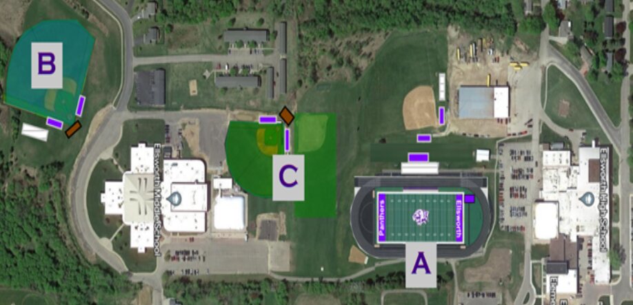 The areas labeled A (football field) and B (proposed new softball/baseball complex) would be turf fields, while C (the current softball/baseball fields) would remain natural grass.