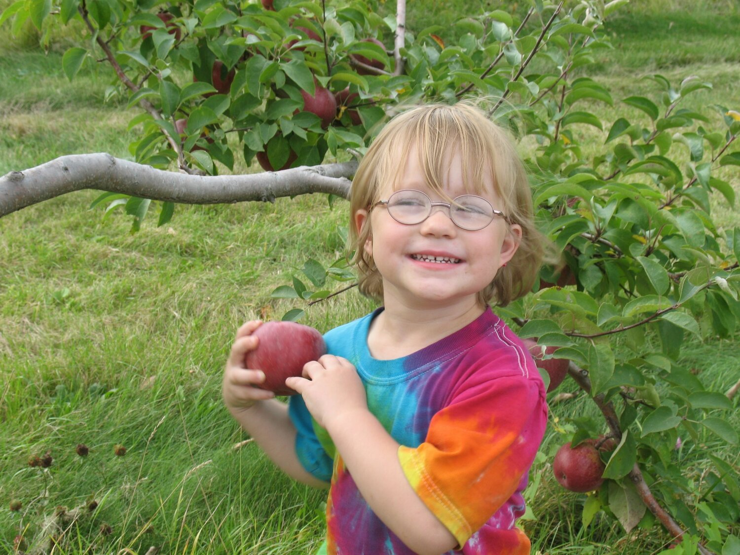 A smiling child holds a freshly-picked apple.