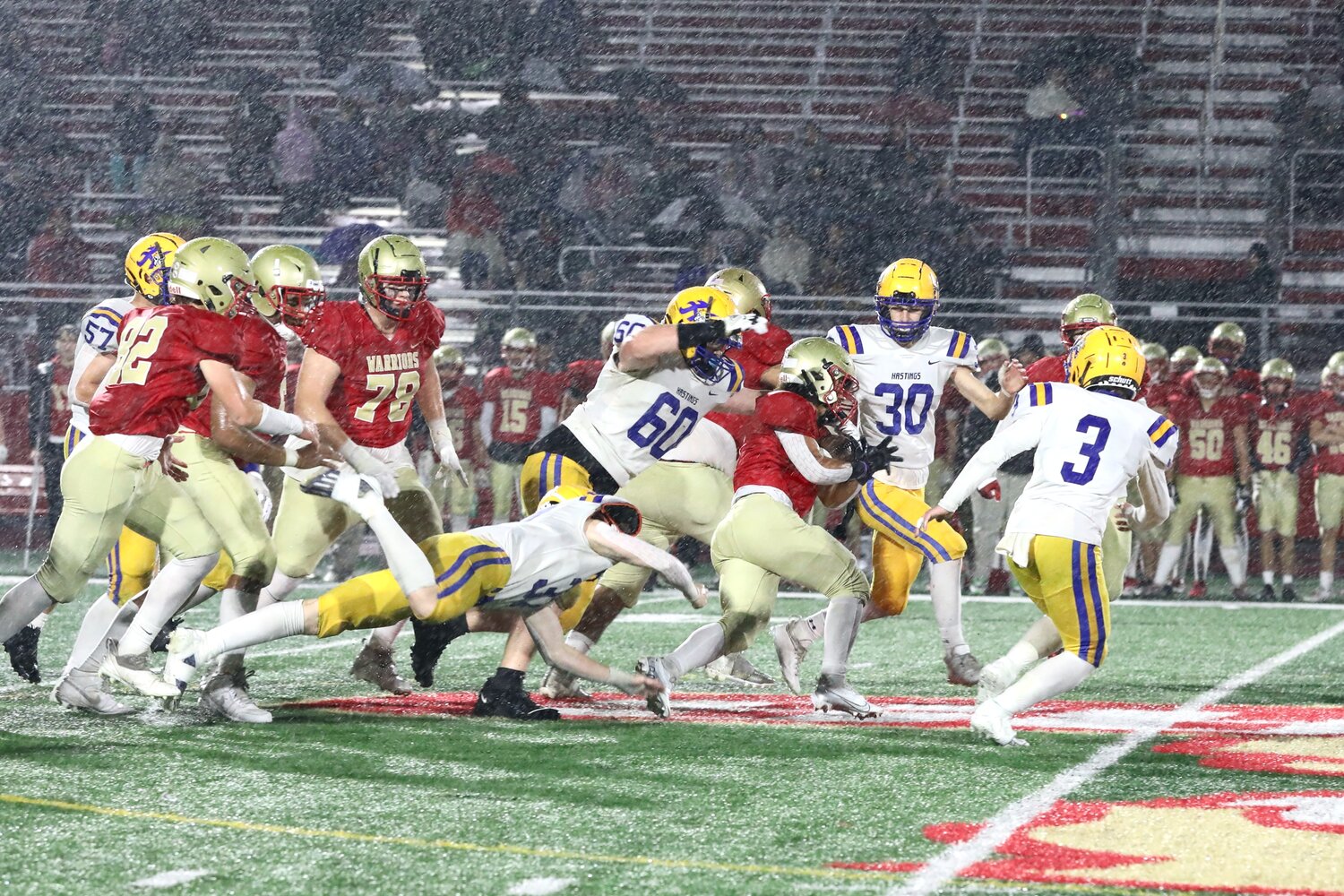 The Raider defense was in for a long, wet night at Two Rivers. The Warrior offense beat up on the Raider defensive line all night, but the Raiders kept fighting hoping to keep the season alive.