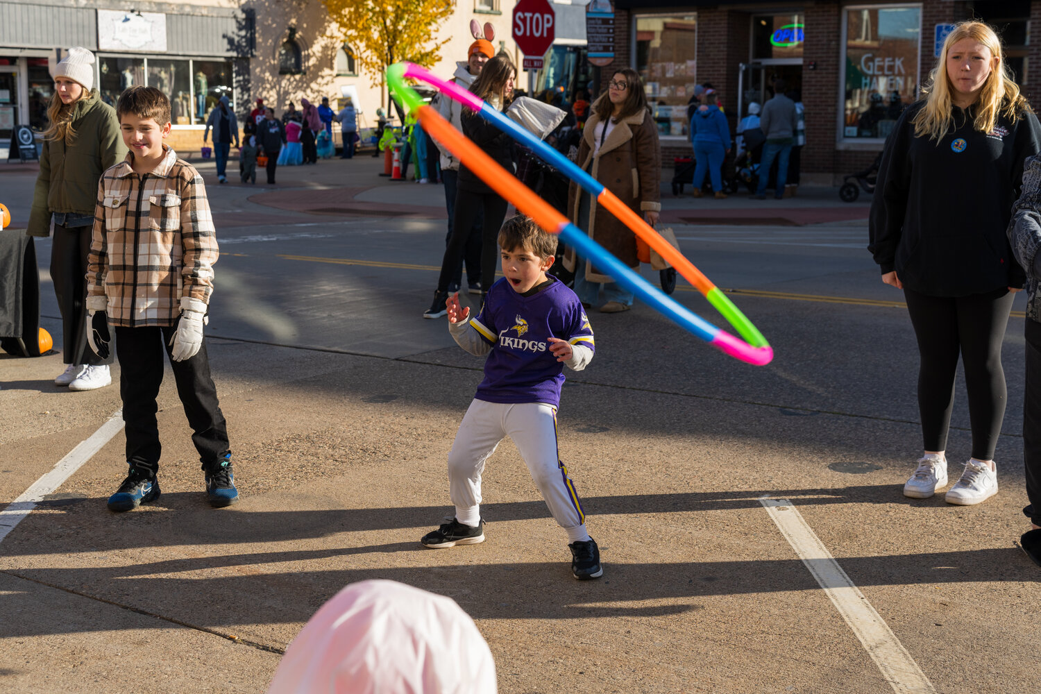 This young Vikings fan was extremely excited that he was able to get his hula-hoop over a ghost to win during the Candy Crawl.