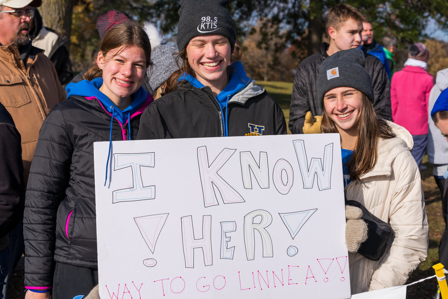Several of the Raider runners showed up to State to support their teammate Linnea Ronning as she participated in her second state championship race. They brought a sign that said “I KNOW HER! WAY TO GO LINNEA!” at the finish line.