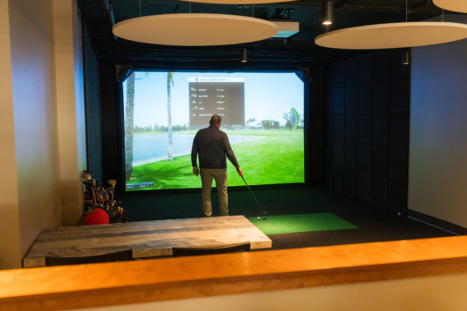 The simulators are state of the art and have plenty of room for groups to enjoy a round of golf and a few rounds of beverages.