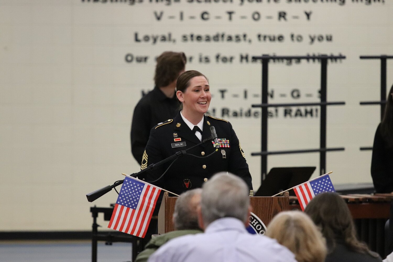 Hastings School Board Director Master Sgt. Stephanie Malm was the keynote speaker at the Veterans Day program. Her message resonated with veterans and students alike.