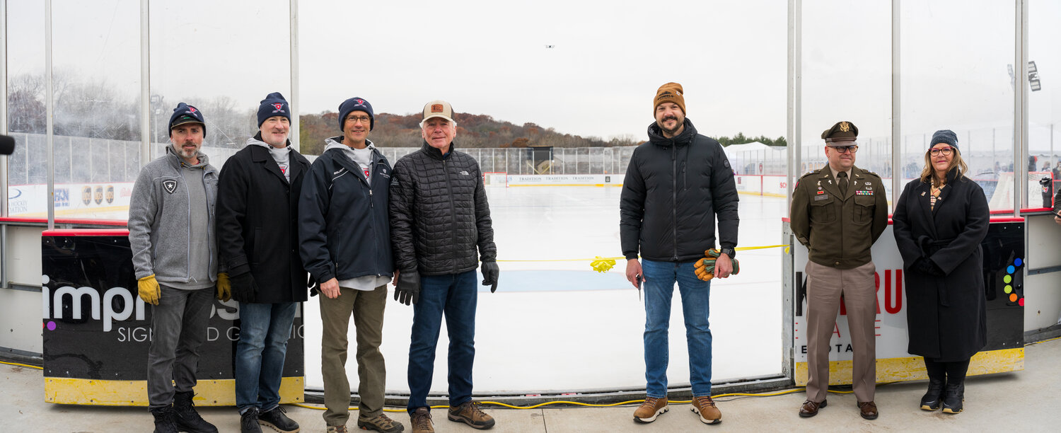 The official ribbon cutting took place at noon to officially open the rink for use. L to R: Tim Olsen – UHL Board, Tom Patinode – UHL Board Chair, Shane Hudella – UHL Founder and President, Tip Enebak of Enebak Construction and Tradition Companies, Jason Heintz – Scheels Eden Prairie GM, Buddy Winn – Champlain and Mayor Mary Fasbender.