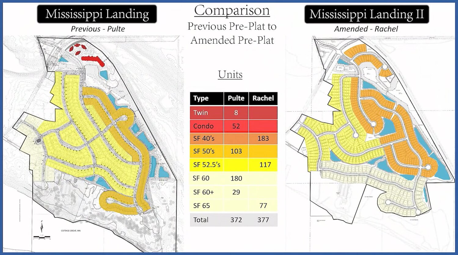 The two plats side by side showing similarity and difference between Mississippi Landings by Pulte (the old plat) and Mississippi Landing II by Rachel Development.