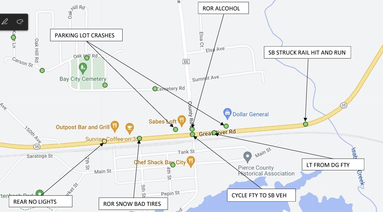This map shows the location of six reported crashes that occurred on Highway 35 (in the study area) from 2019-2023.