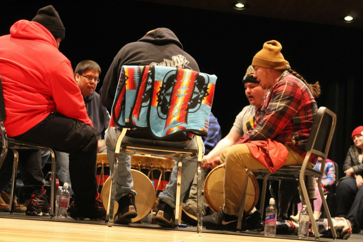 The Tomahawk Circle Ojibwe Drumming and Singing Group form Lac du Flambeau plays the hand drums, a traditional drum of the Ojibwe people.