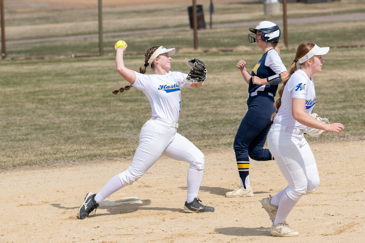 Rachel Notch makes a toss to first in an attempt to log a double play. Aside from her solid defense, Notch was also responsible for a bases clearing three-run double in the fourth inning against Rosemount. Hastings fell 5-4.