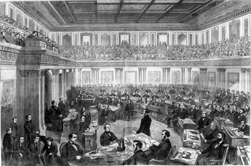 This period illustration shows the packed galleries of the U.S. Senate during the 1868 impeachment trial of President Andrew Johnson. He was the first president impeached by the House of Representatives, but the Senate did not convict him.
