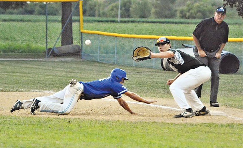 Drew Pinkston of Paris, right, waits for the baseball to be thrown to the first baseman during the Illinois American Legion state tourney last week. Pinkston is a member of Danville American Legion Post 210 Speakers team which took third place in