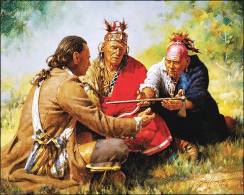This artistic impression speculates on what may have happened when Indian agent George Croghan opened initial peace talks with Ottawa leader Pontiac to stop his hostility toward the British occupation. The meeting place occurred in what is now northwest Edgar County.