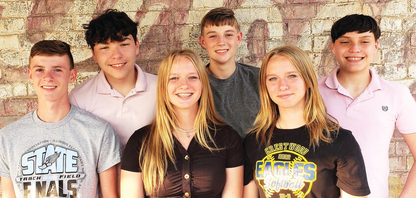 Three sets of twins have gone through Crestwood together starting in kindergarten through eighth grade. Front row, left to right, Gage White, Alison Wyrick and Lily Wyrick. Back row, left to right, Cash Kuglin, Shayn White and Mack Kuglin.