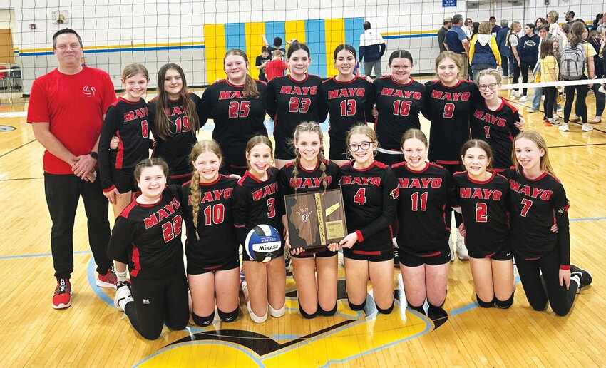 The Mayo Redbirds pose with their sectional trophy after defeating Teutopolis on Monday, March 4. Pictured from left to right, front row, are Molly Becher, Bella Rogers, Sloan Vilk, Maddox Adams, Ava Tarr, Hellie Barrett, Kennedee Guyer and Ellie Hollingsworth. In back are head coach Josh Frank, Tenley Pinnell, Lilly Gossett, Leah Sanders, Krysten McNulty, Mackenzie Pearson, Braylynn Cook, Ariah Sitkiewicz and Avery Frank.