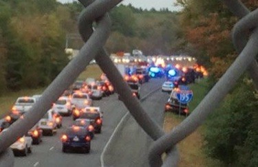 Cars are backed up in both directions in the wake of Tuesday morning's crash on Route 195 in Westport. WJAR TV-10 photo