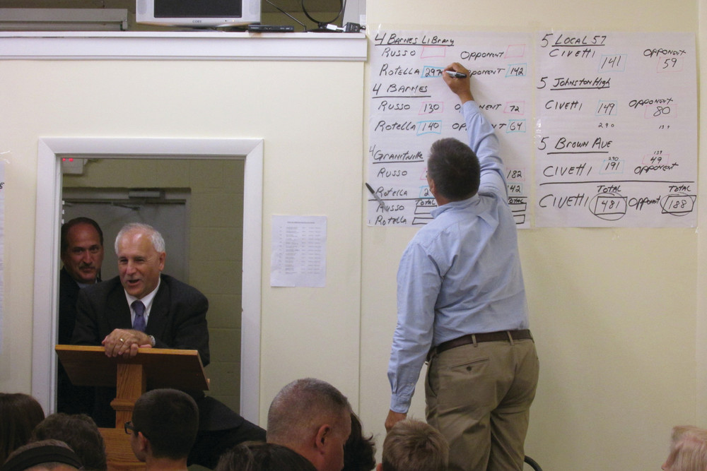 SLATE SWEEPS: As Mayor Joseph Polisena speaks and Town Council candidate Robert Civetti looks on, Town Committee Chairman Richard DelFino Jr. puts numbers on the board at party headquarters on Tuesday night.