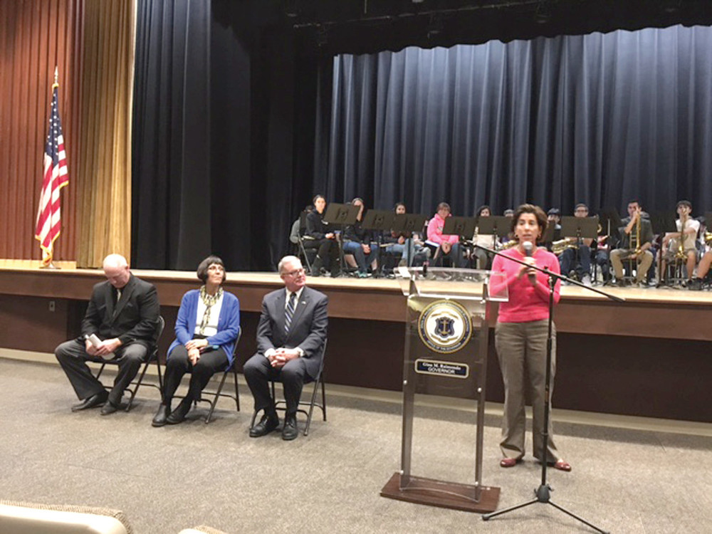DO YOUR BEST ON THE TEST: Governor Gina Raimondo talks to Pilgrim High School students before they take their tests on October 19.