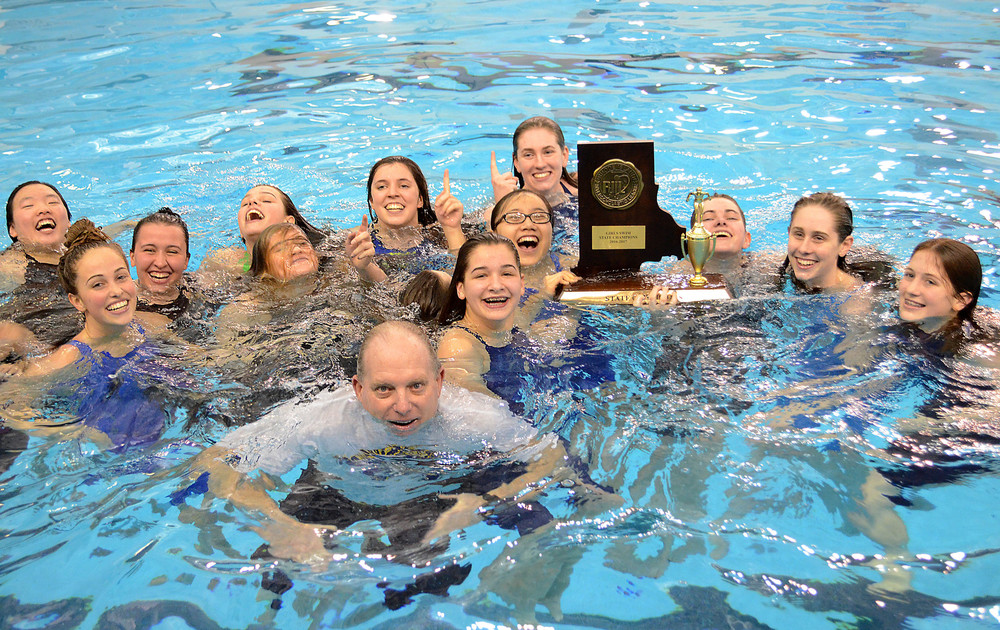 The Barrington High School girls' swim team won just one event at the state championship meet on Saturday but placed swimmers in a number of events. The total team approach proved successful as the Eagles captured their third straight state championship.