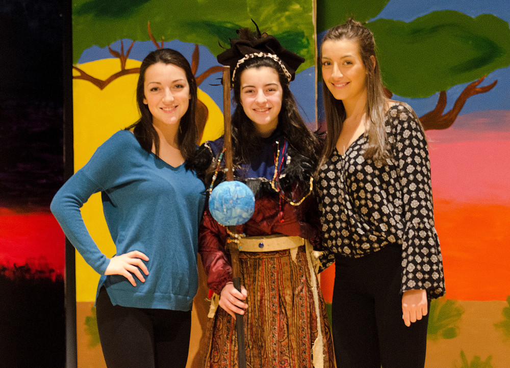 The Lehane sisters (from left) &mdash; Kerry, Meghan and Mary &mdash;&nbsp;pose for a photo during rehearsal Tuesday. Kerry is a Portsmouth High School senior and co-directing the play with her older sister, Mary, a student at Stonehill College. Meghan is a middle school student and is portraying the part of Rafiki.