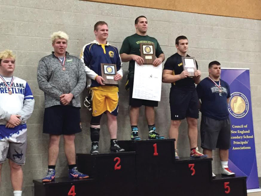 MIGHTY MARTINO: Nick Martino stands atop the podium after winning the New England championship at 285 pounds last month. He recently finished 3-2 at nationals in Virginia.