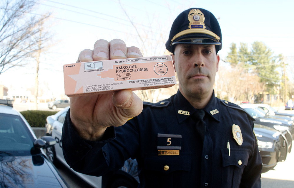 Warren Police Sgt. Ed Borges holds up a Naxolone Hydrochloride, a nasal spray used to revive patients who have overdosed on heroin and other opiates.