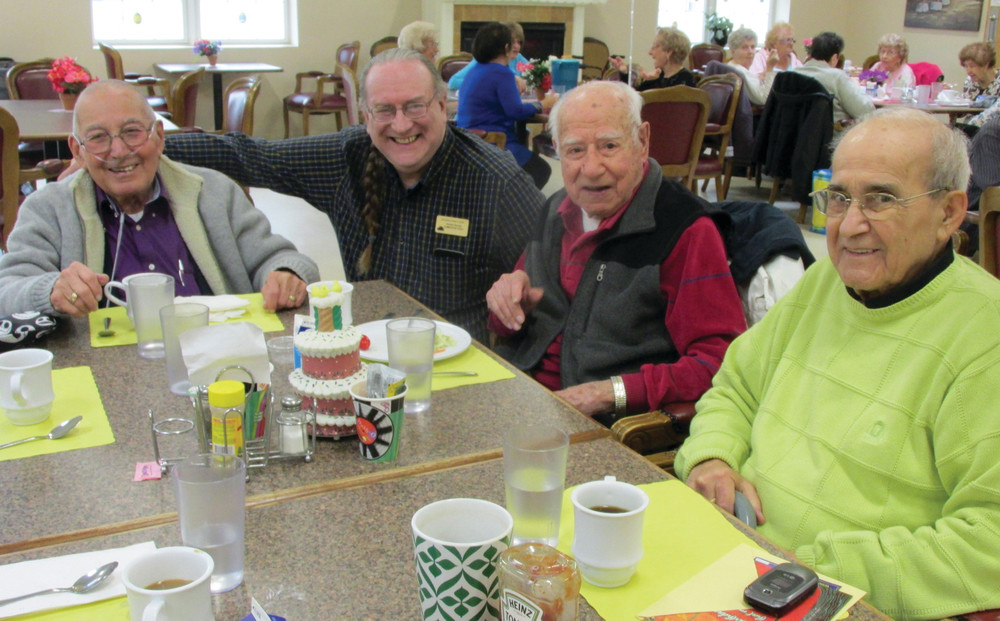 CRIBBAGE CREW: Members of the Johnston Senior Center&rsquo;s Cribbage Crew that helped Orlando Ricci (third left) and Carmine Spinella (right) celebrate their 102nd and 86th birthdays respectively last Friday are Angelo Gazzerro (left) and Harland Hershey (second left).