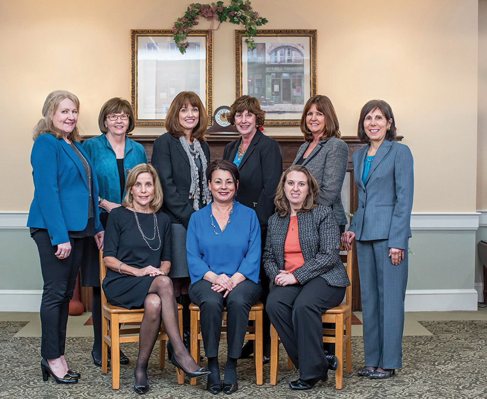 The women on Saint Elizabeth Community&rsquo;s leadership team play a vital role in moving elder care forward in Rhode Island.   Pictured left to right, sitting: Dottie Santagata, Administrator, Cornerstone Adult Day Services; Maggie Connelly, Administrator, Saint Elizabeth Court;   Christine McGuire, Director of Finance, Saint Elizabeth Community. Standing: Mary Rossetti, Director of Community Outreach, Saint Elizabeth Community; Sharon Garland, Chief Philanthropy Officer, Saint Elizabeth Community; Beth Russell, Administrator, Saint Elizabeth Manor; Caroline Rumowicz, Director,   Cathleen Naughton Associates; Kathy Parker, Director of Admissions, Saint Elizabeth Home and Saint Elizabeth Manor; Roberta Merkle, Executive Vice   President of Strategic Initiatives, Saint Elizabeth Community.