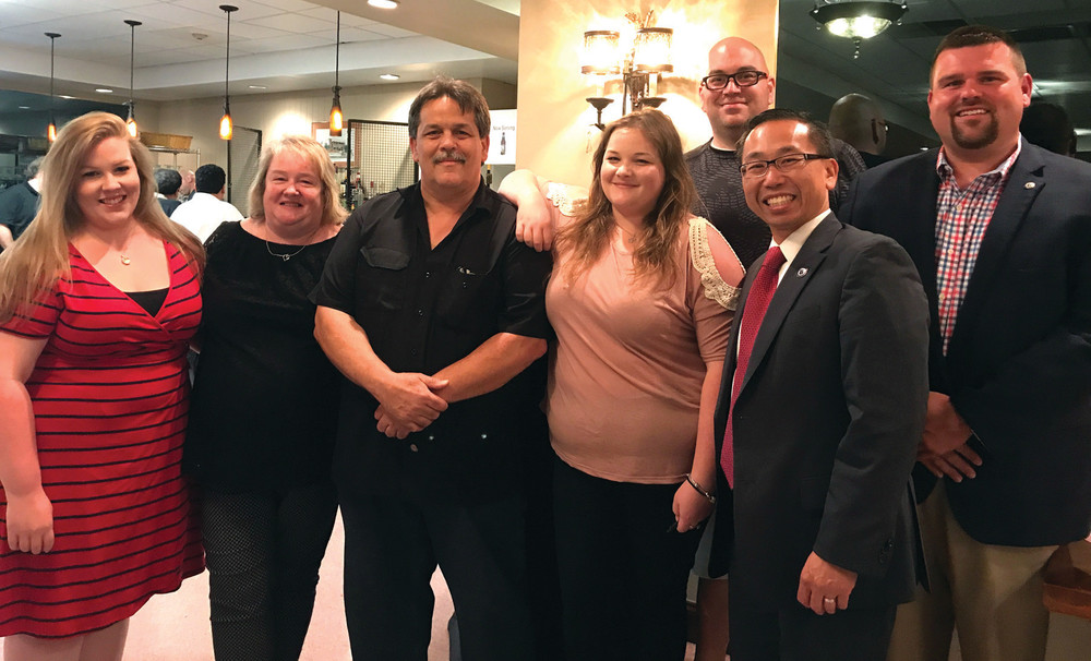 ALLIE'S ARMY: Supporting the American Cancer Society at the Santa Maria di Prata Society on June 29 were, L-R, Allie's sister Stephanie, mom Deb, Dad Dave, Allie, Mayor Allan Fung, Ward 5 Councilman Christopher Paplauskas and Council President Michael Farina.