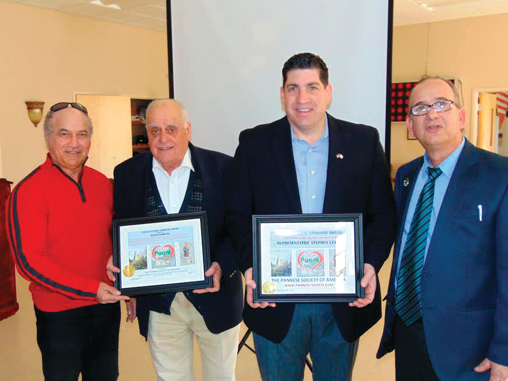 aAWESOME AWARDS: Among those people who were honored by the Pannese Society at Sunday&rsquo;s &ldquo;Taste of Italy&rdquo; were (from left) R.I. Echo Publisher Robert D&rsquo;Uva, State Rep. Stephen Ucci and Italian teacher Joe Giampoli, joined by Vice President Louis Spremulli.