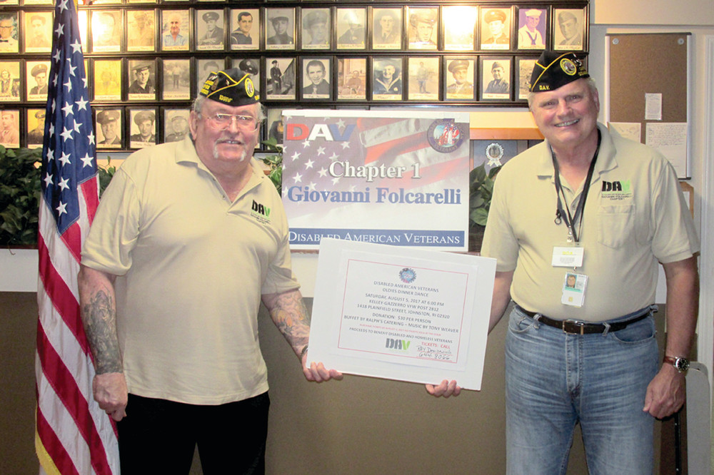 TERRIFIC TICKET: Folcarelli DAV Chapter 1 Commander John &ldquo;Jack&rdquo; Hill (left) and adjutant-treasurer Ray Denisewich hold an enlarged ticket for the all-important Aug. 5 Dinner Dance that will be held at the Kelley-Gazzerro VFW Post 2812 on 1418 Plainfield Pike.