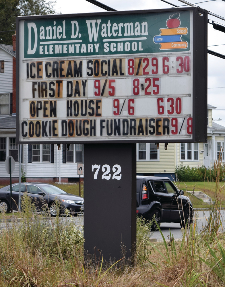 UNWELCOME SIGN TO STUDENTS: The sign outside of Daniel D. Waterman Elementary School, like many across the city, displays the date for the first day back in classes.