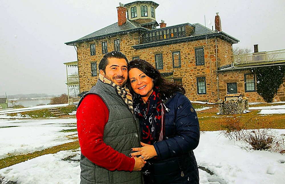 Christy Durant and Derek DeSalvo here in front of the Stone House when they booked their wedding back on February 12.