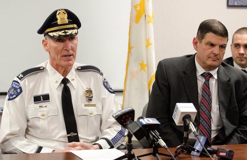 Barrington Police Chief John LaCross (left) sits next to Captain Dino DeCrescenzo during a press conference following the Feb. 2 shooting on Maple Avenue.