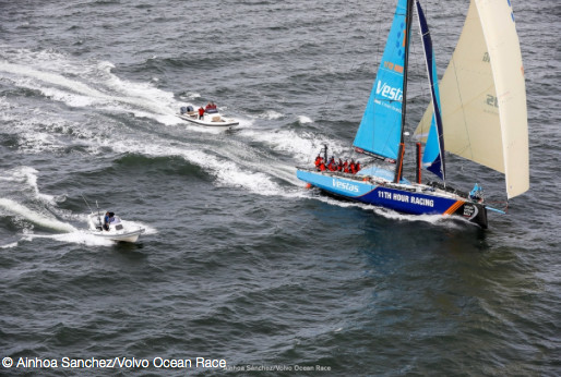 Vestas 11th Hour Racing, skippered by Charlie Enright, seen here arriving at the end of the previous leg in Australia.