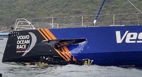 Hole in the bow of Vestas 11th Hour Racing. South China Morning Post photo