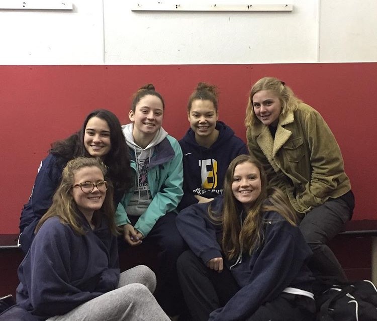 Pictured are members of the East Bay co-op girls hockey team &mdash; (from left to right) Emma Hladick of Portsmouth, Grace Flaherty of Barrington, Carrie Rego of Mt. Hope, Sydney Parkhurst of Barrington, Kelly Gerdin of Portsmouth, and Mary Arkins of Portsmouth.