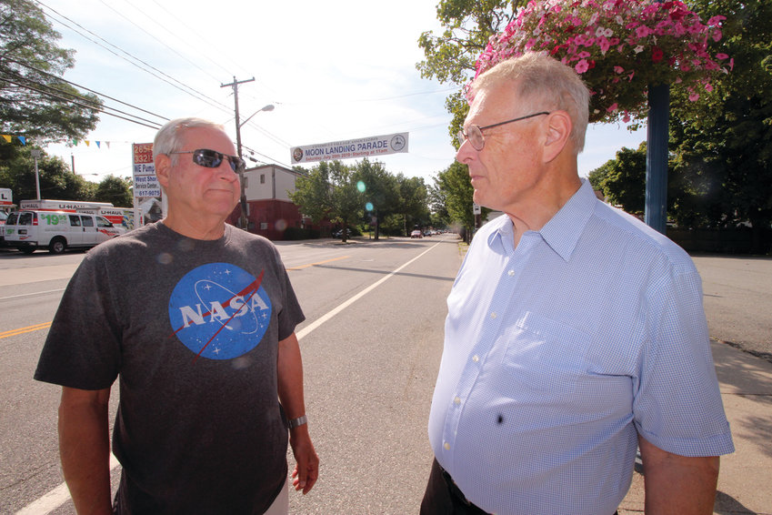 ON THEIR WAY TO A PARADE: Lonnie Barham and Doug Ray have been planning the 50th anniversary lunar landing parade for the past two years. Their intent is not only to commemorate the historic achievement but to also shine a light on Conimicut Village.