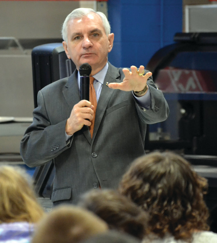 U.S. Sen. Jack Reed stopped by Ferri Middle School on Monday morning to give students background on how the House and Senate operate.